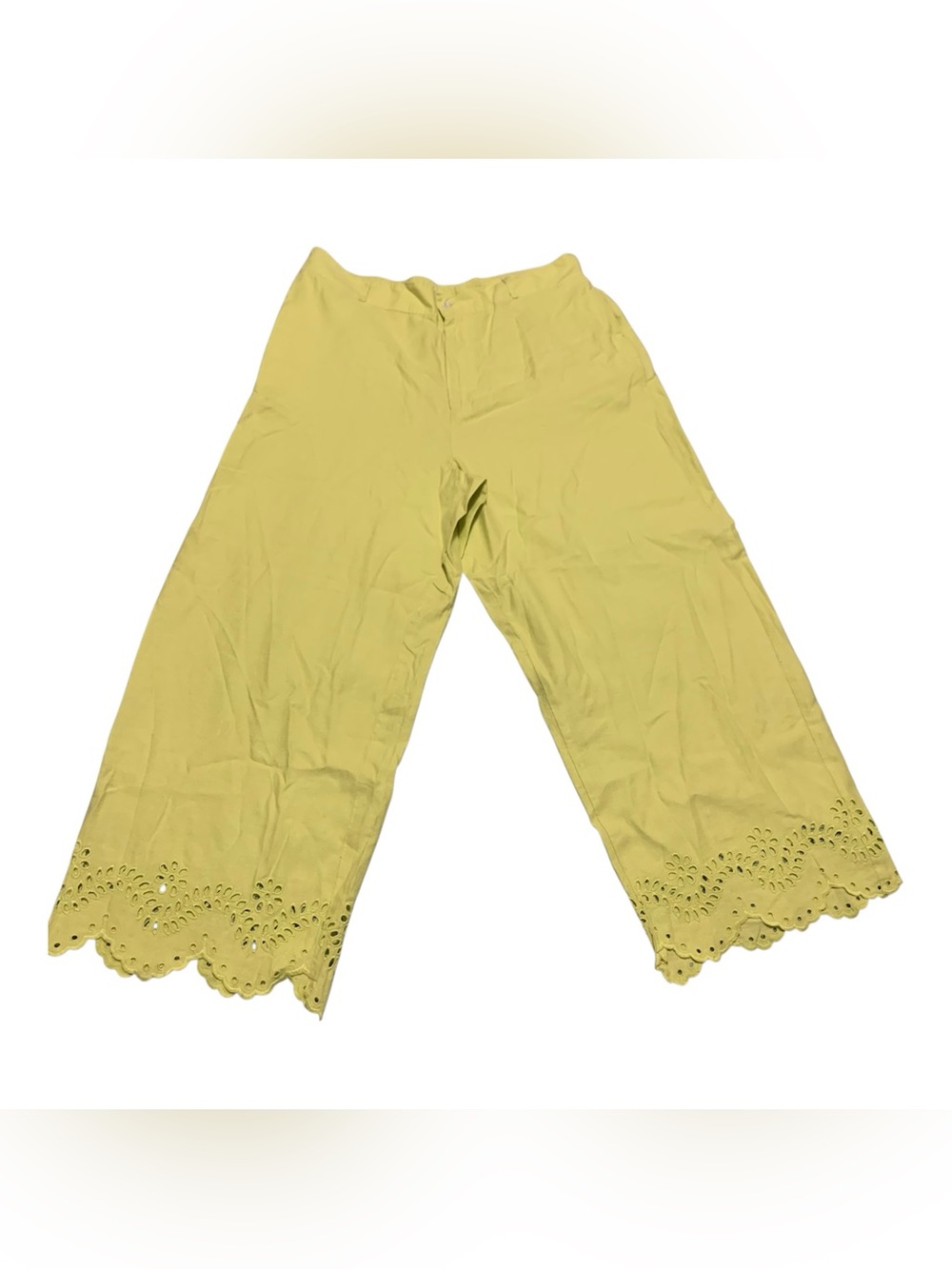 Linen Cotton Blend Yellow Eyelet Hem Capris Cropped Pants XL